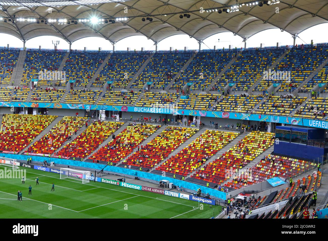 BUCHAREST, ROMANIA - JUNE 21, 2021: Panoramic view of tribunes of the National Arena Bucharest stadium seen during the UEFA EURO 2020 game Ukraine v Austria Stock Photo
