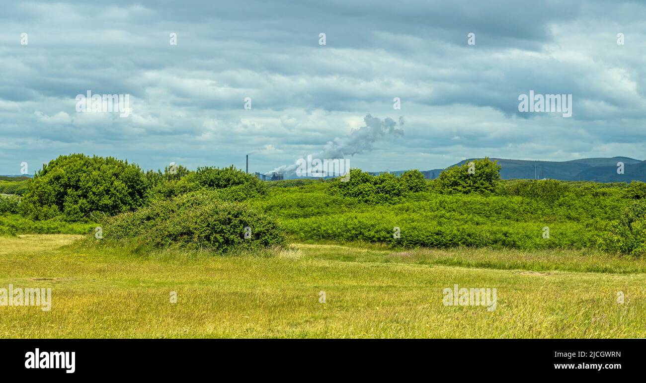 Part of Kenfig Nature Reserve South Wales with Port Talbt Steel Works in the background Stock Photo