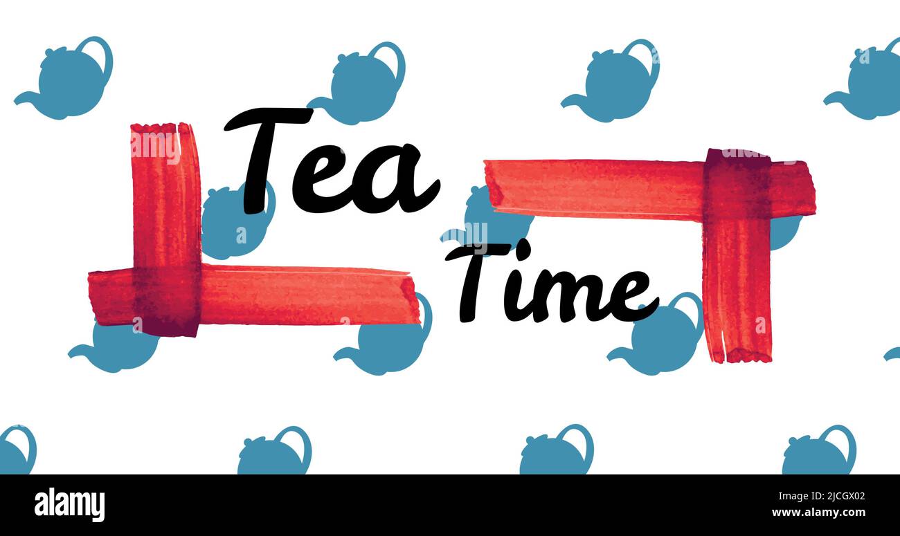 Illustrative image of blue teapots and tea time text with red scribbles over white background Stock Photo
