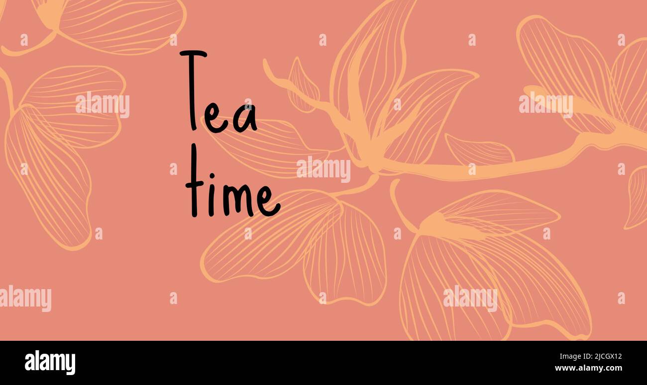 Illustrative image of flowers and tea time text against peach background, copy space Stock Photo