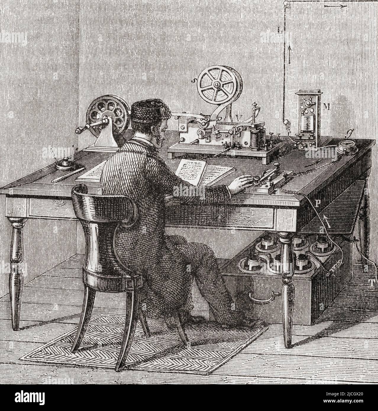 Telegraph office worker forwarding a message in Morse Code, 19th century.  From L'Univers Illustre, published Paris, 1859 Stock Photo