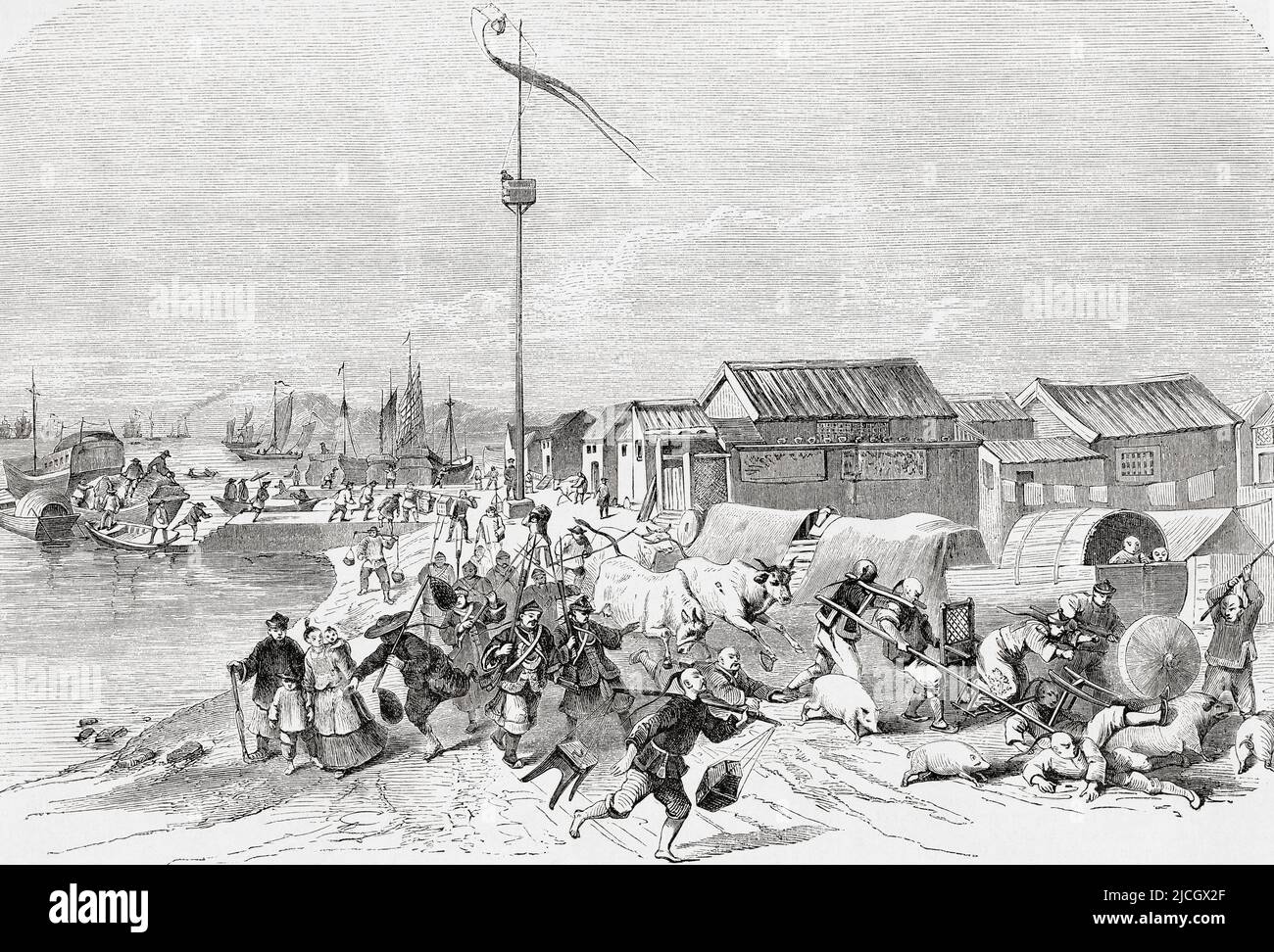 Disturbances in the dock area of Canton (modern day Guangzhou), China during the Red Turban Rebellion of 1854 - 1856.  From L'Univers Illustre, published Paris, 1859 Stock Photo