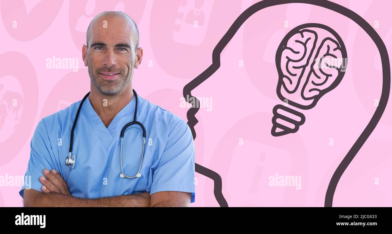 Portrait of caucasian male doctor with arms crossed and human head with light bulb and brain anatomy Stock Photo