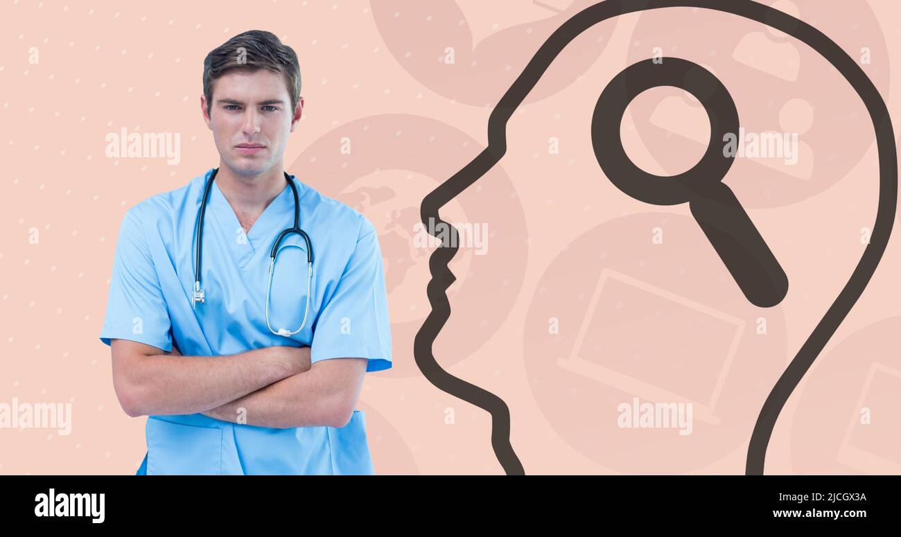 Portrait of caucasian doctor with arms crossed and human head with magnifying glass and scribbles Stock Photo