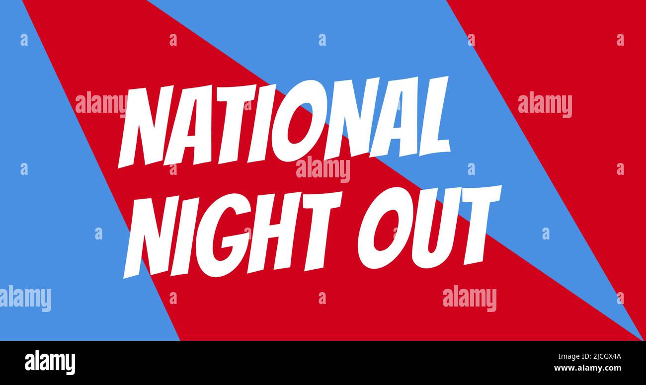 Illustration of national night out text against red and blue patterned