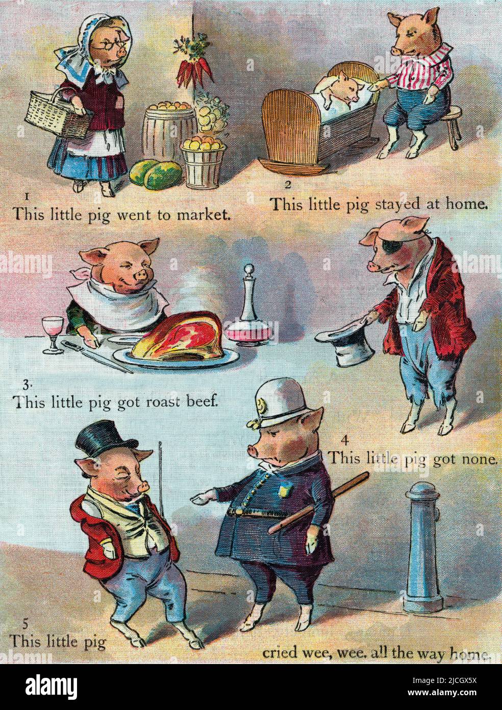 This little pig went to market.  After a work by an unidentified artist in a 19th century children's nursery rhyme book.  This little pig stayed at home...... Stock Photo