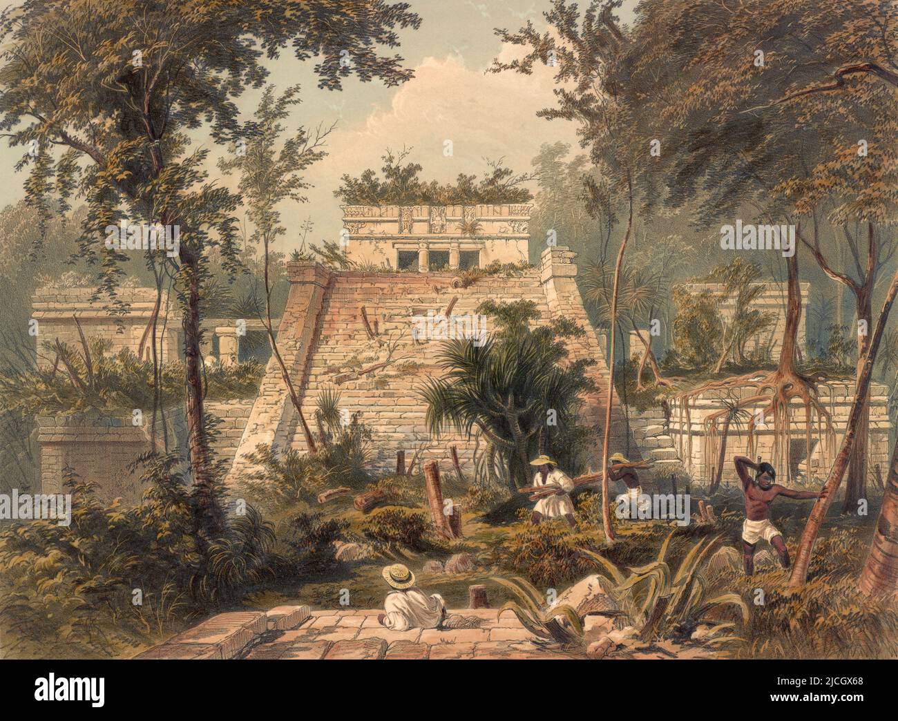 Temple at Tulum, Mexico.  After a work by Frederick Catherwood.  The picture shows the land side facade of the building known as El Castillo.  From Frederick Catherwood and John Stephens 1843 book Incidents of Travel in Yucatan. Stock Photo