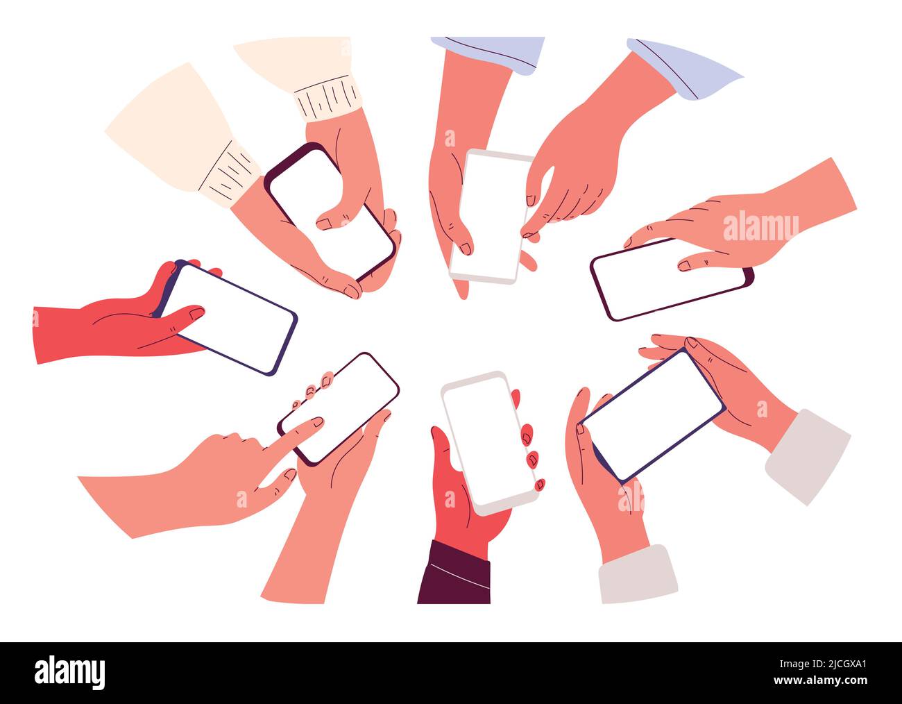 Hands holding smartphones. People using mobile phones, empty screen ...