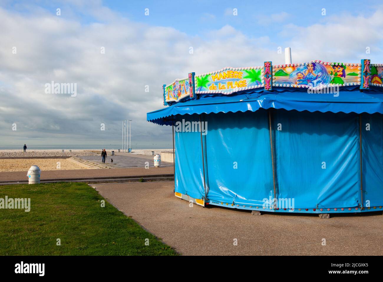 Le Havre,France - 13 October, 2021: Carousel for Kids on the empty beach in Le Havre. End of Season. Stock Photo