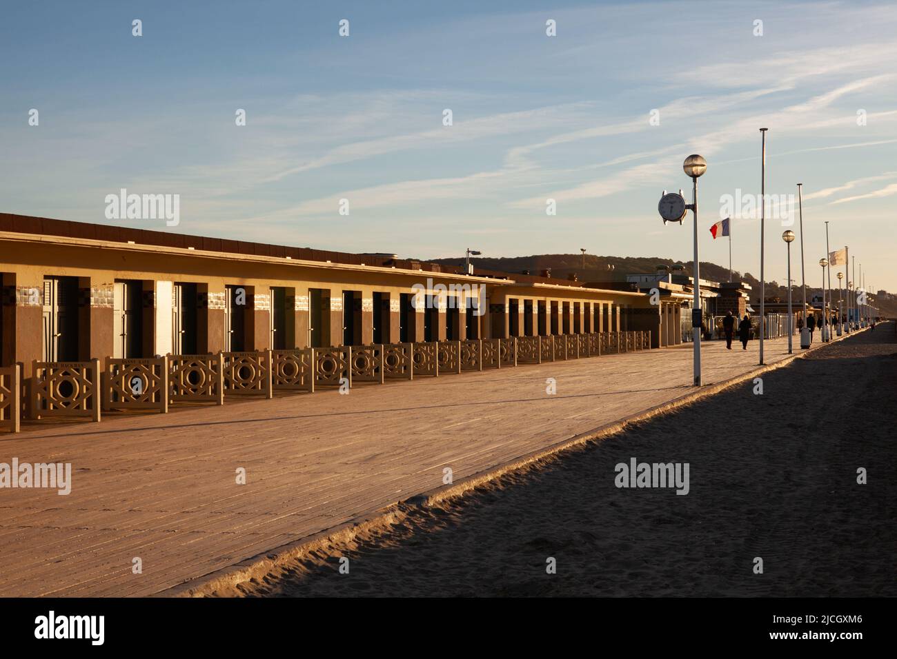 Deauville - France - October 13,2021: The famous beach cabins of the promenade des Planches. Each hut has the name of a famous Hollywood actor, direct Stock Photo