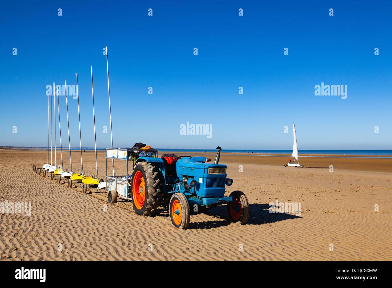 Cabourg, France - October 14,2021: Blokart wind buggy enjoying a windy day on the Cabourg beach Stock Photo