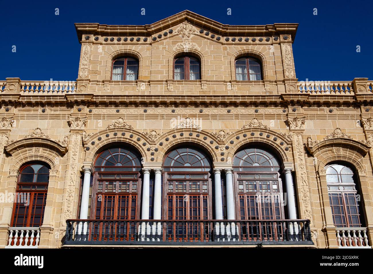 Jerez de la Frontera, Spain - February 8,2022: Historic facade of the Unicaja Bank.Unicaja is a Spanish savings bank based in Málaga and chartered as Stock Photo