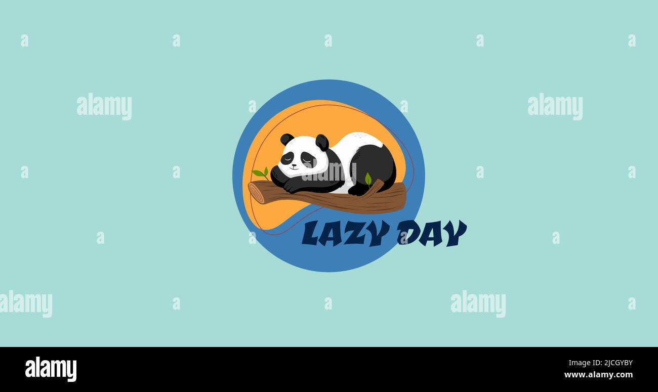 Vector image of sleeping panda on branch with lazy day text on blue background, copy space Stock Photo