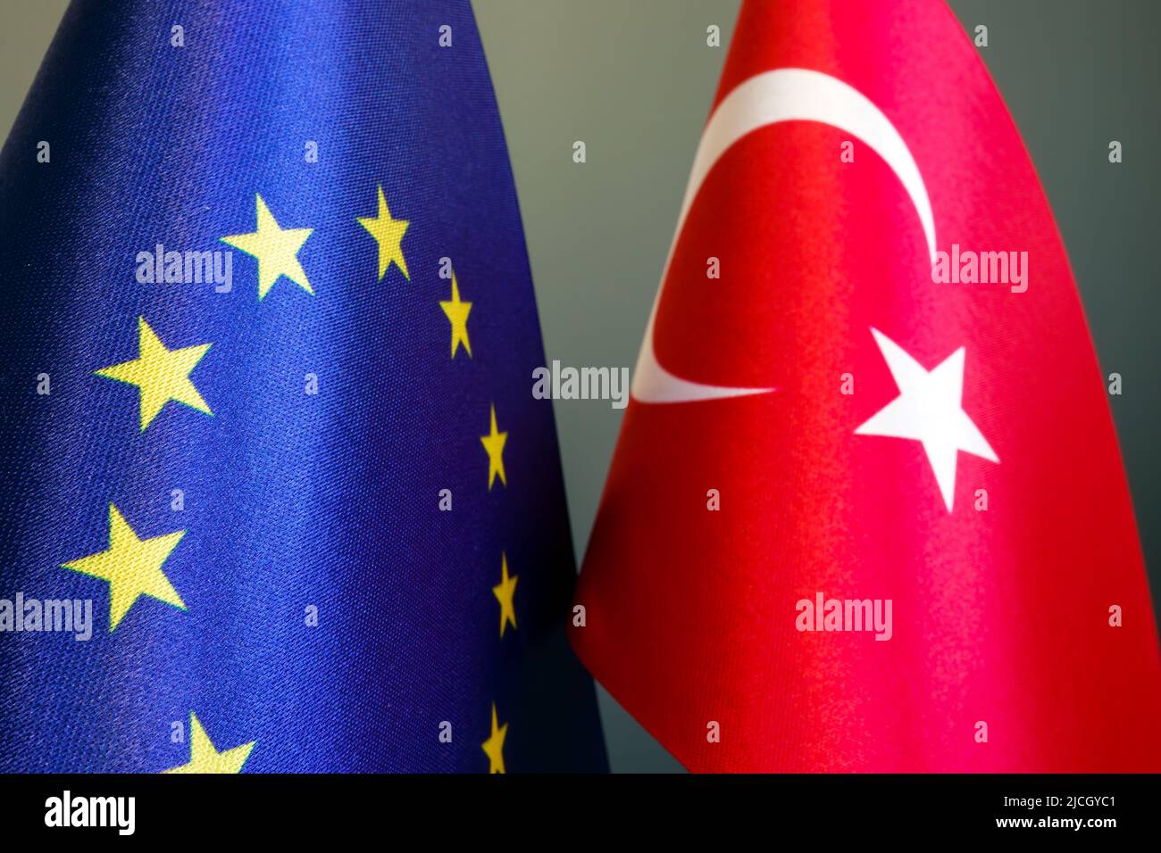 Flags of the EU and Turkey as a symbol of political relations. Stock Photo