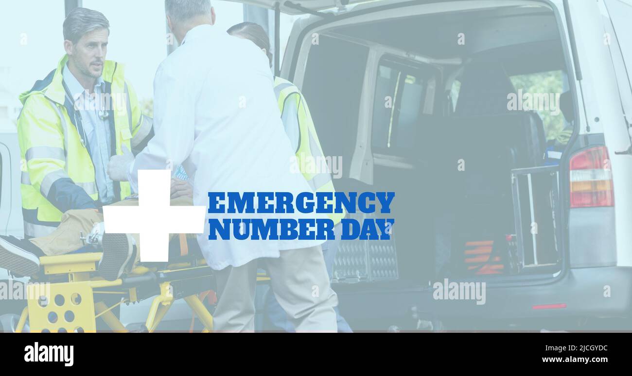 Digital composite image of caucasian healthcare workers helping man with emergency number day text Stock Photo