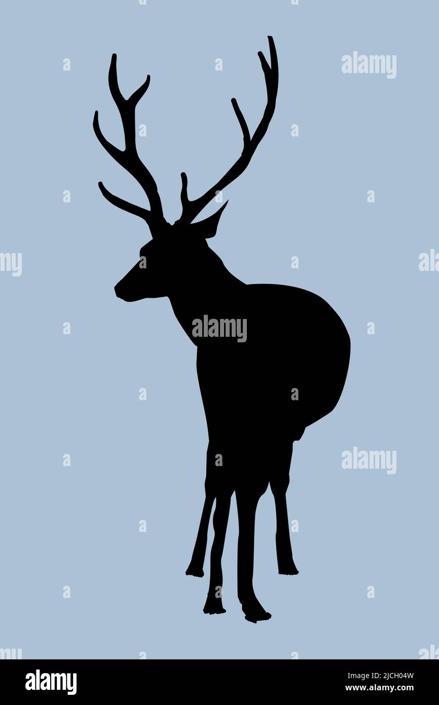 A vector illustration of a silhouette of a deer. You see the animal from its behind and it looks backwards at you. It's a male deer with antlers. Icy Stock Vector