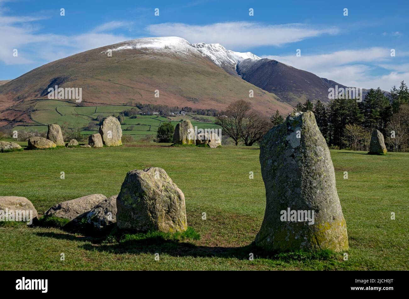 View from Castlerigg Stone Circle to snow topped Blease Fell and Blencathra in late winter near Keswick Lake District National Park Cumbria England UK Stock Photo