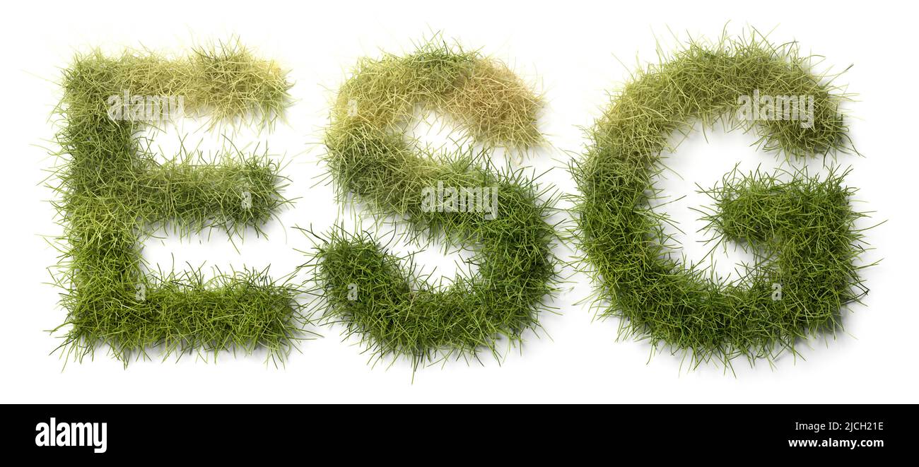 Green grass letters ESG isolated on white with shadows. Some grass on top withering. Concept for problems with fake / badly monitored ESG (environment Stock Photo