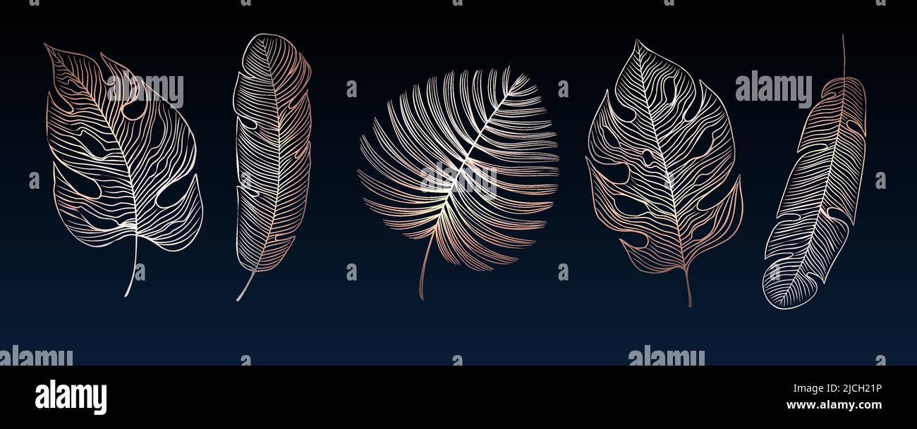 Vector Golden Tropical Palm Leaves. Hand drawn exotic leaves isolated ...