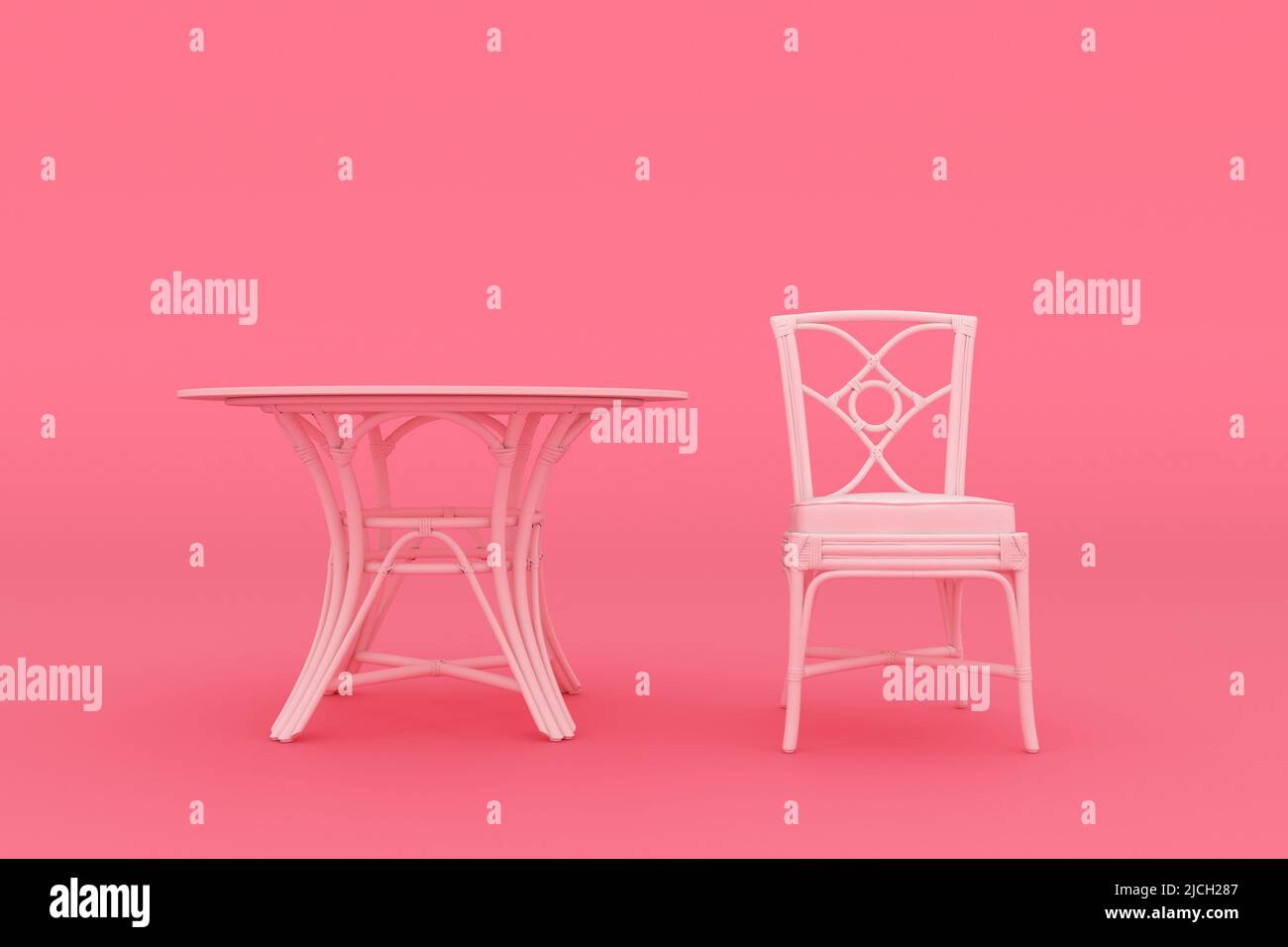 Dining table and chairs on pink background, monochrome style, 3D rendering. Stock Photo