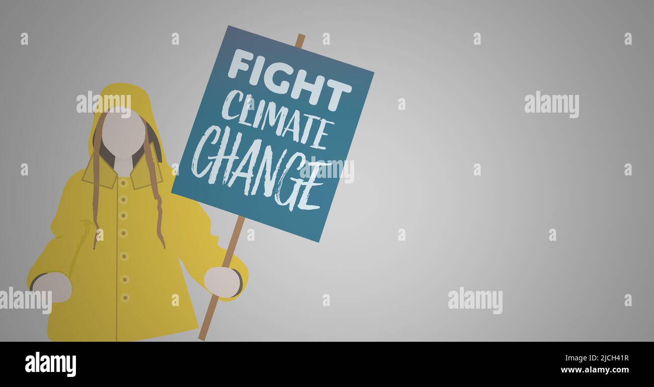 Woman holding a fight climate change signboard icon against copy space on grey background Stock Photo