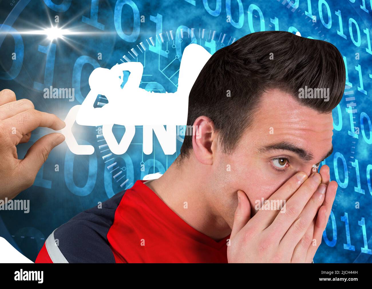 Caucasian male athlete against silhouette of man working out and binary coding on blue background Stock Photo