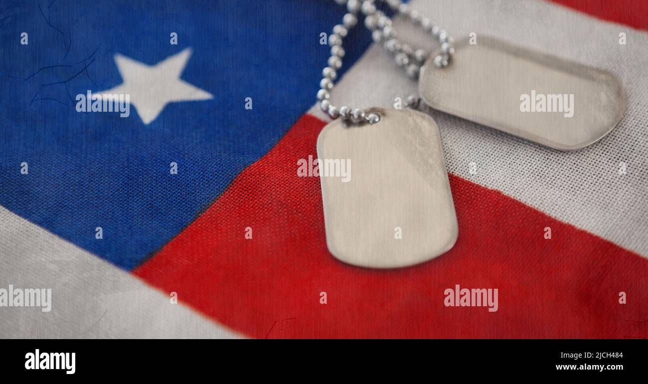 Military dog tags over american flag background with copy space Stock ...