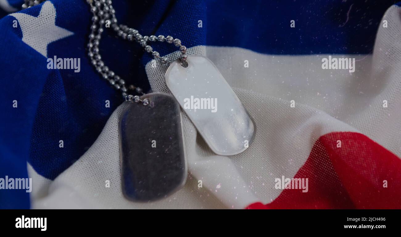 Military dog tags over american flag background with copy space Stock ...