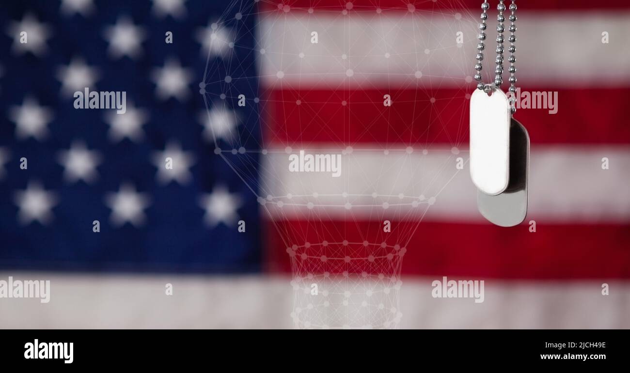 Electric bulb icon and military dog tags over american flag background ...