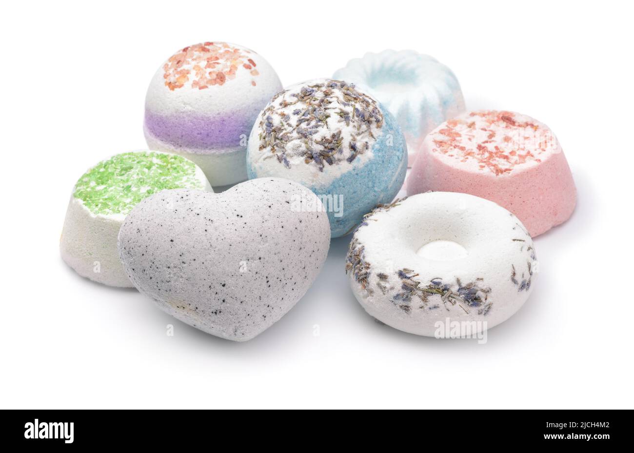 Group of various aroma bath bombs isolated on white Stock Photo