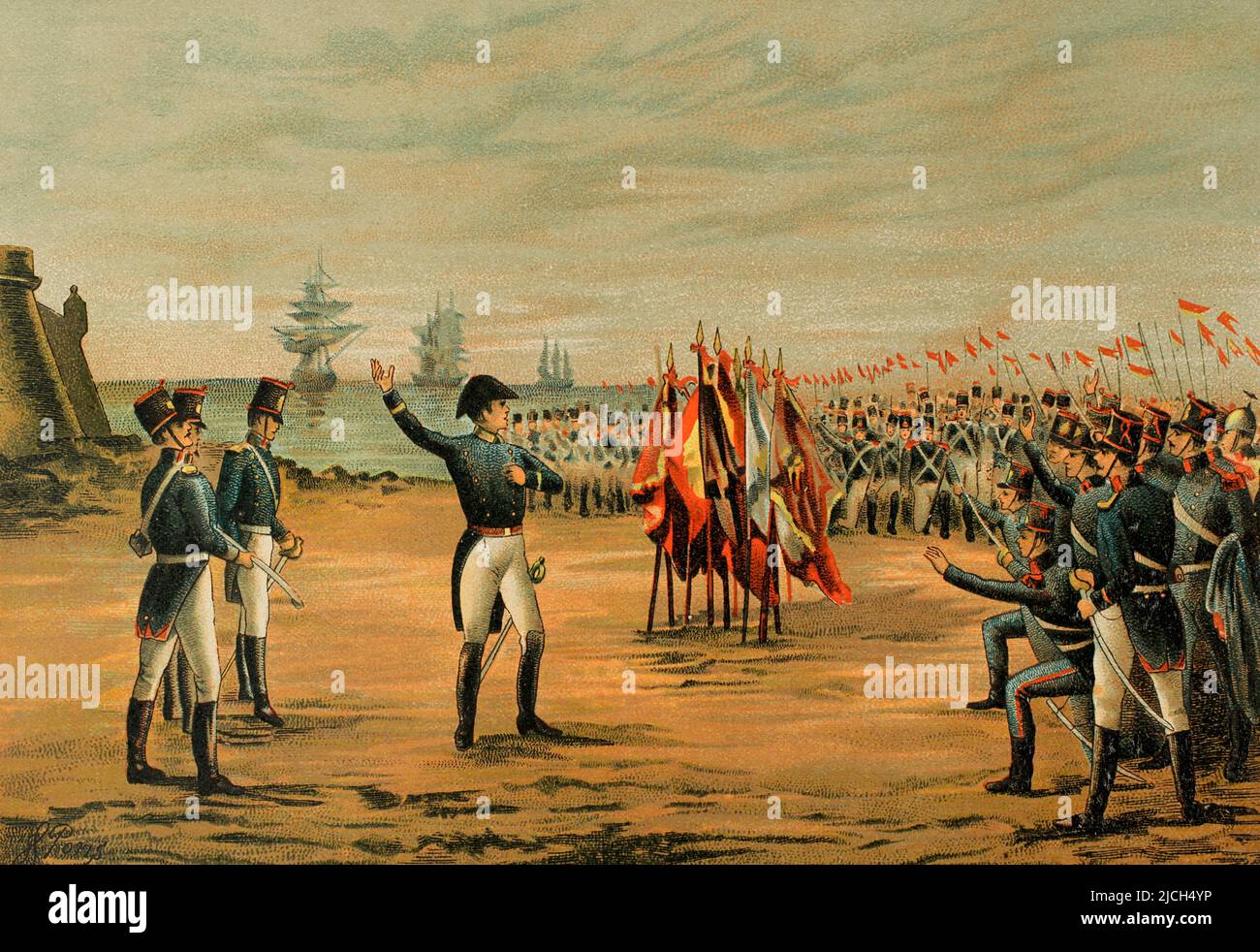 Spanish soldiers in Denmark swearing an oath to remain faithful to the homeland (1808). Chromolithography. 'Historia de la Revolución Española' (desde la Guerra de la Independencia a la Restauración en Sagunto), por Vicente Blasco Ibáñez. Volume I. Published in Barcelona, 1890. Stock Photo