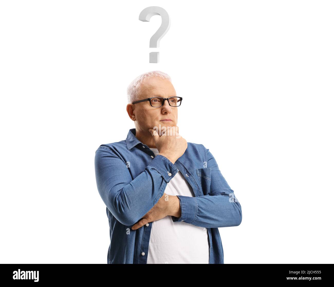 Doubtful mature man with a question mark above his head isolated on white background Stock Photo