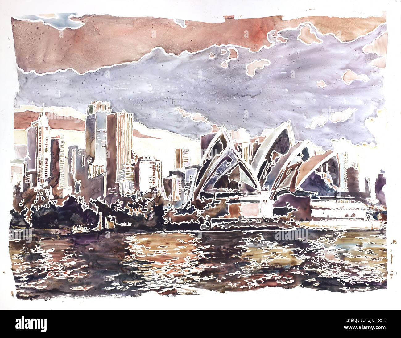 Sydney Opera House and skyline of city watercolor painting Sydney