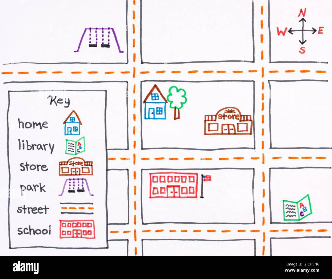 A children’s hand-drawn map of their neighborhood home, library, store, park, school, and streets. Stock Photo