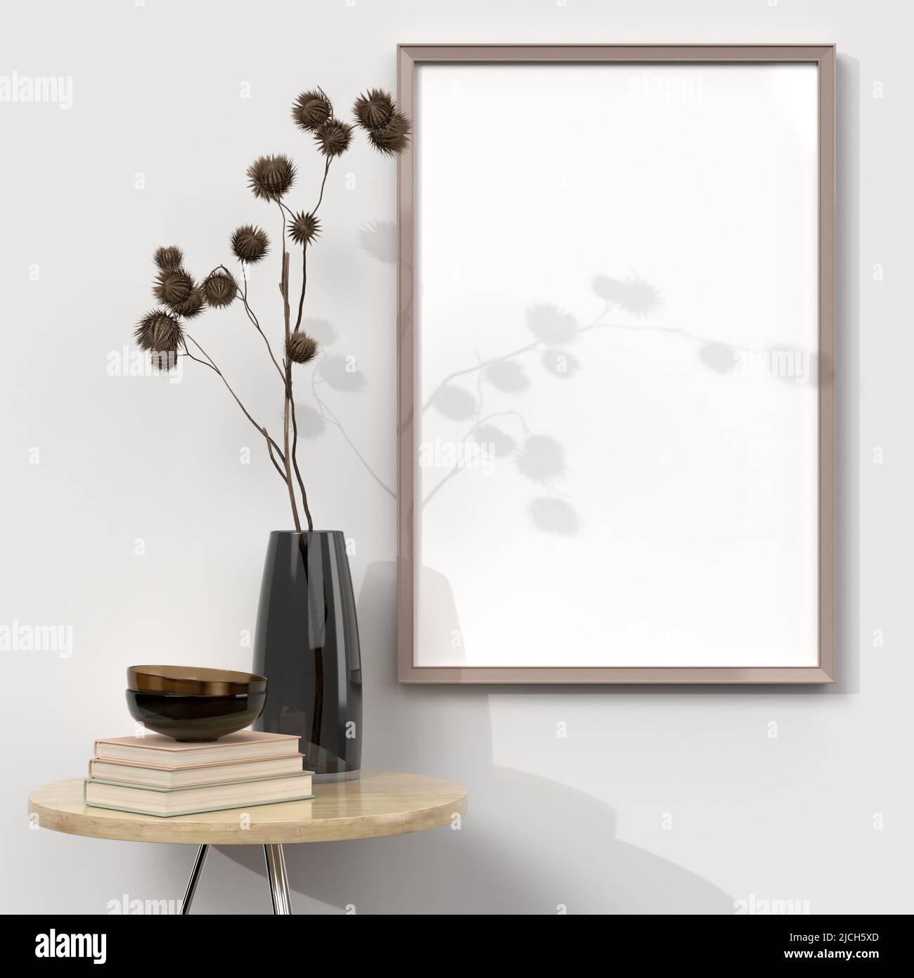 empty mockup photo frame on wooden shelf in room interior close up . Modern and floral concept of shelves. with window shadows Stock Photo