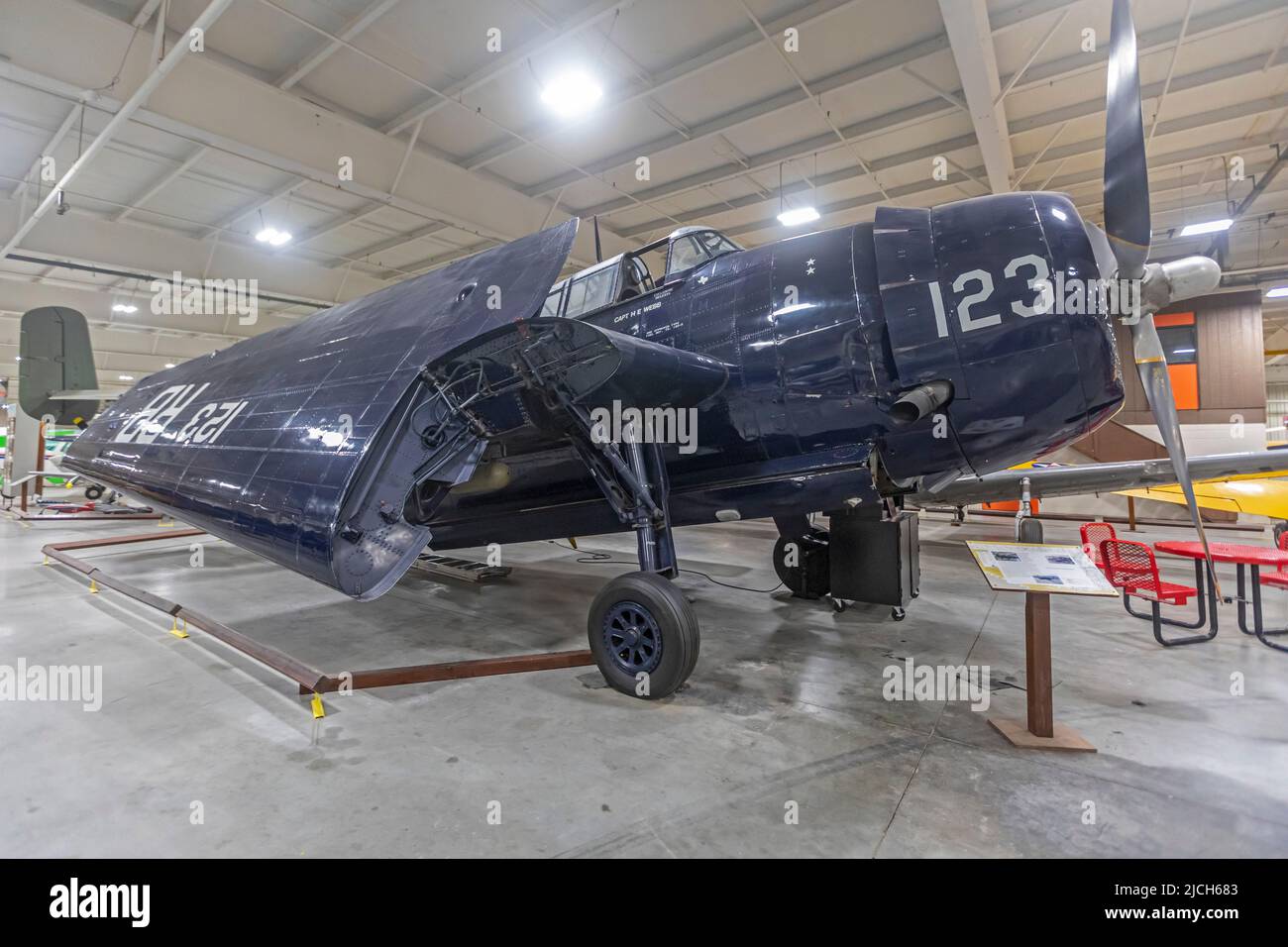 Liberal, Kansas - The Mid-America Air Museum. The museum displays over 100 aircraft. The Grumman TBM Avenger was the U.S. Navy's torpedo bomber during Stock Photo