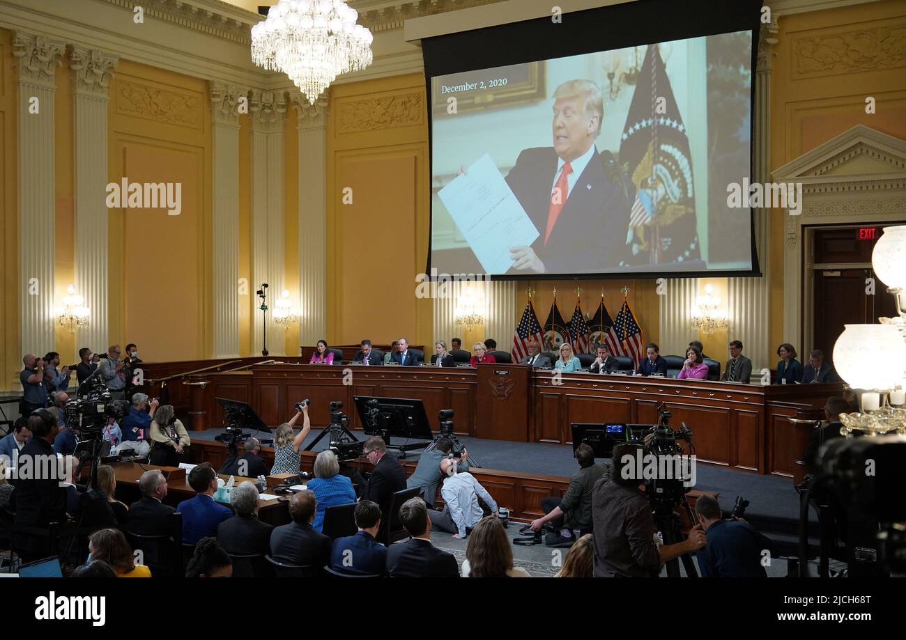 A video shows former US president Donald Trump during a House Select Committee hearing to Investigate the January 6th Attack on the US Capitol, in the Cannon House Office Building on Capitol Hill in Washington, DC on June 13, 2022. Mandel NGAN/Pool via REUTERS Stock Photo