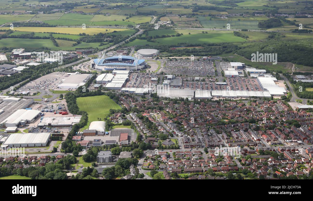 Aerial view of the Middlebrook, Bolton development sometimes referred to as the Reebok site, Lancashire. Features the University of Bolton Stadium. Stock Photo