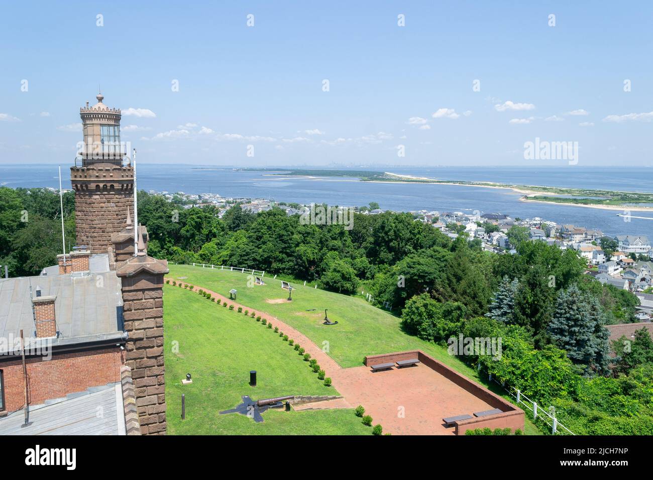 View of the Navesink Twin Lights State Historic Site lighthouses in