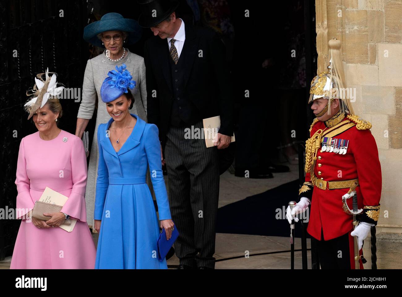 The Countess of Wessex (left) and the Duchess of Cambridge leave following the annual Order of the Garter Service at St George's Chapel, Windsor Castle. Picture date: Monday June 13, 2022. Stock Photo