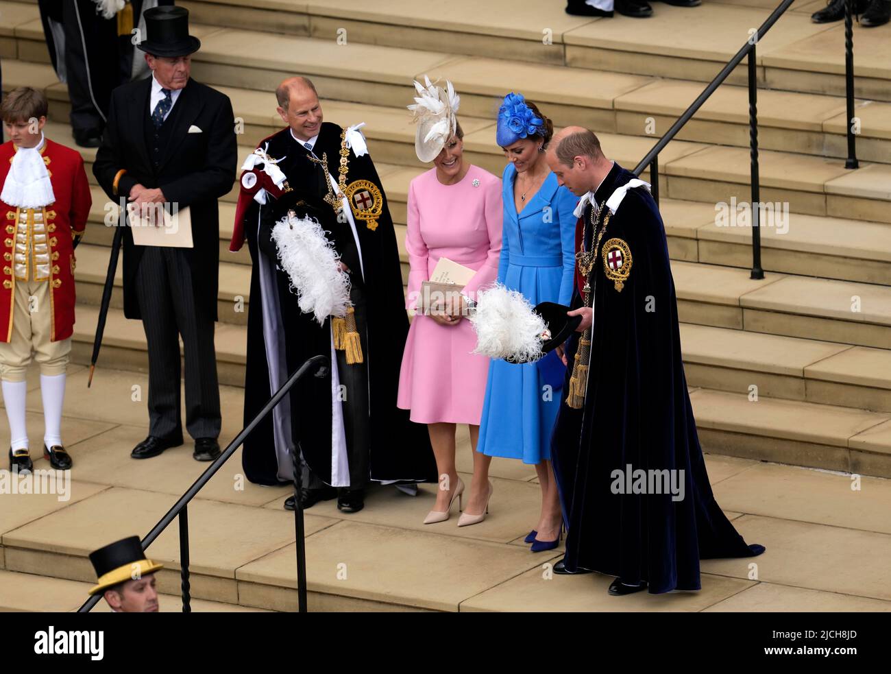 The Earl and Countess of Wessex, the Duke and Duchess of Cambridge leave following the annual Order of the Garter Service at St George's Chapel, Windsor Castle. Picture date: Monday June 13, 2022. Stock Photo