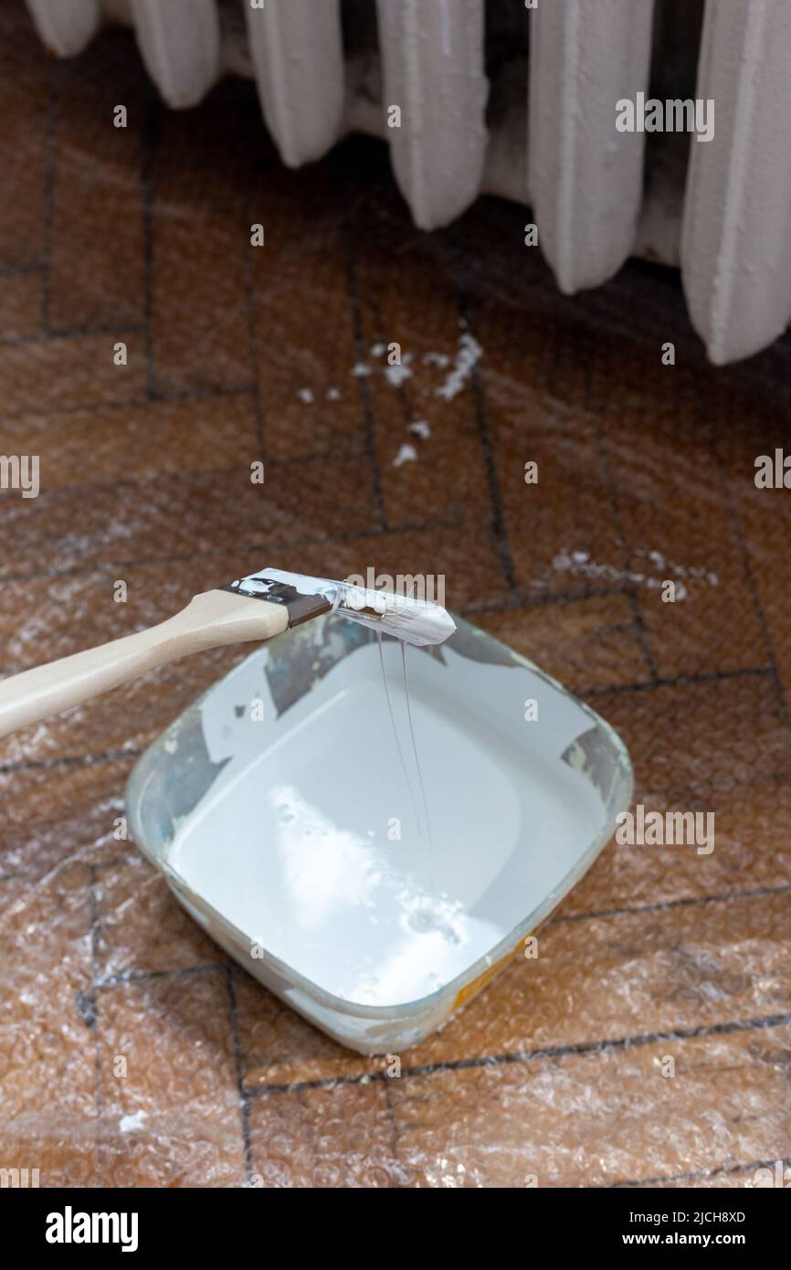 Radiator brush dipped in white paint. Brush painting Stock Photo Alamy