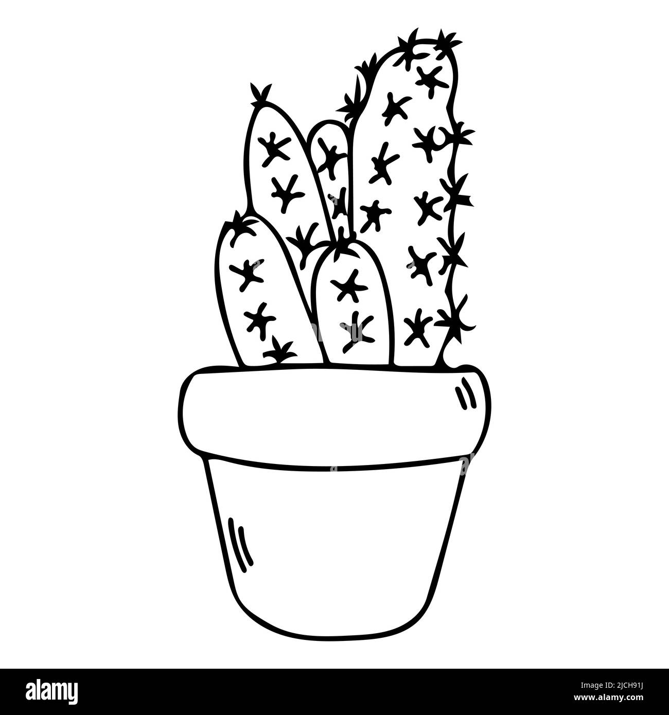 Cactus in pot vector sketch icon. Cute black succulent outline illustration. Mexican house plant in flowerpot line art. Stock Vector
