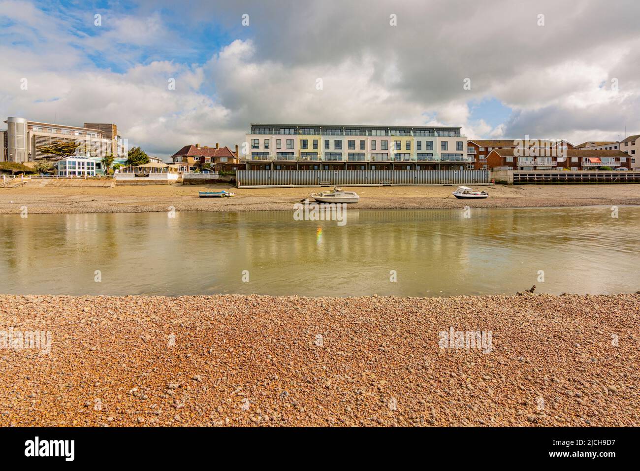 The River Adur at low tide revealing an extensive river bed - Shoreham-By-Sea, West Sussex, UK. Stock Photo