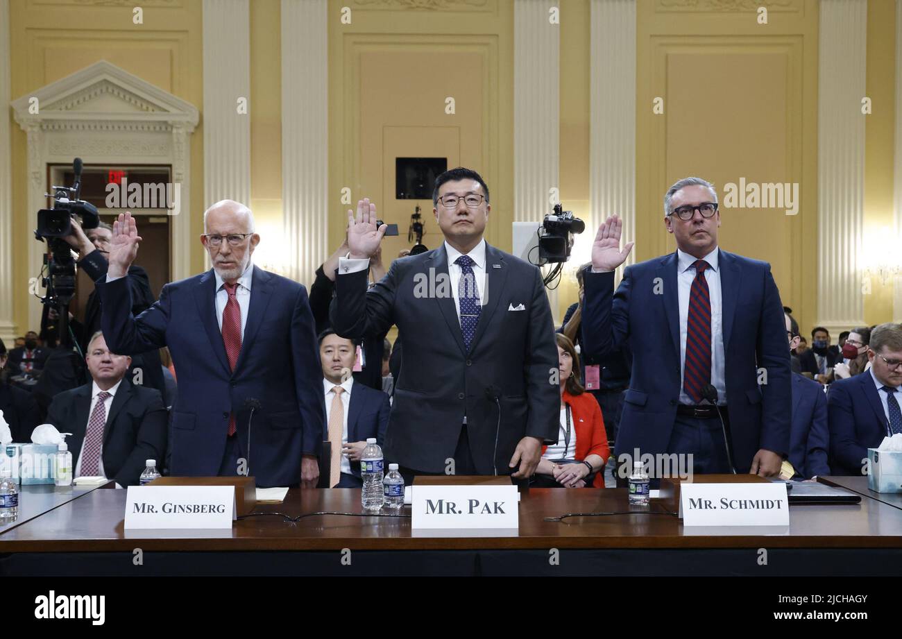 Washington, United States. 13th June, 2022. Republican election attorney Ben Ginsberg, BJay Pak, the former U.S. attorney for the North District of Georgia and former Philadelphia city commissioner Al Schmidt (L to R) are sworn in to testify before the House select committee investigating the Jan. 6 attack on the U.S. Capitol holds a public hearing to discuss its findings of a year-long investigation, on Capitol Hill in Washington, DC on Monday June 13, 2022. Pool photo by Jonathan Ernst/UPI Credit: UPI/Alamy Live News Stock Photo