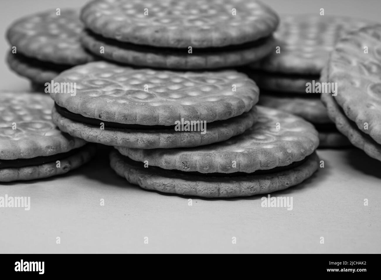 Round biscuits with chocolate cream, sandwich biscuits with chocolate filling Stock Photo