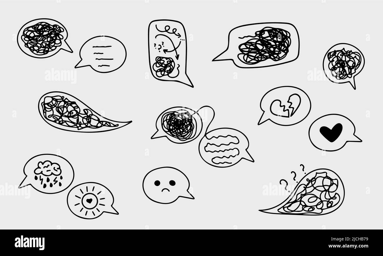 Set of confused messed up thoughts bubble line art icons. Depressed ...