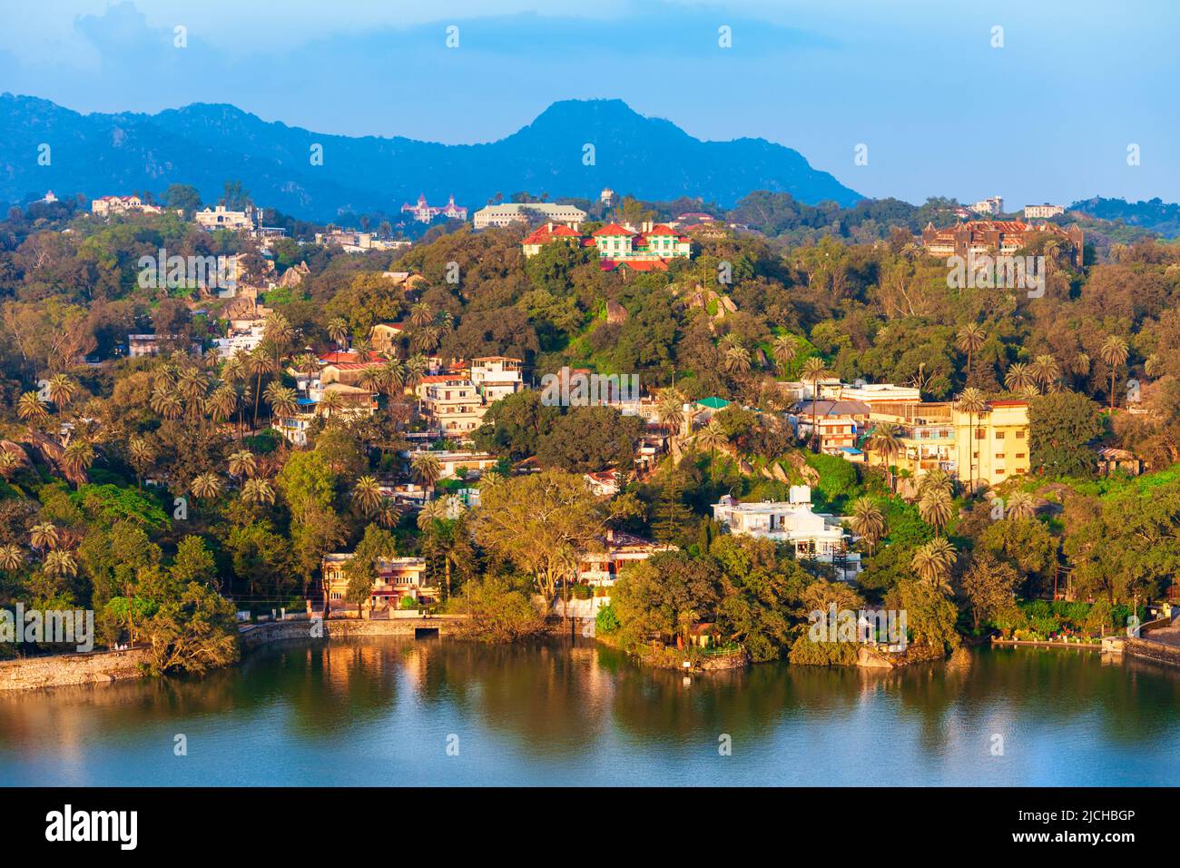 Mount Abu and Nakki lake aerial panoramic view. Mount Abu is a hill station in Rajasthan state, India. Stock Photo