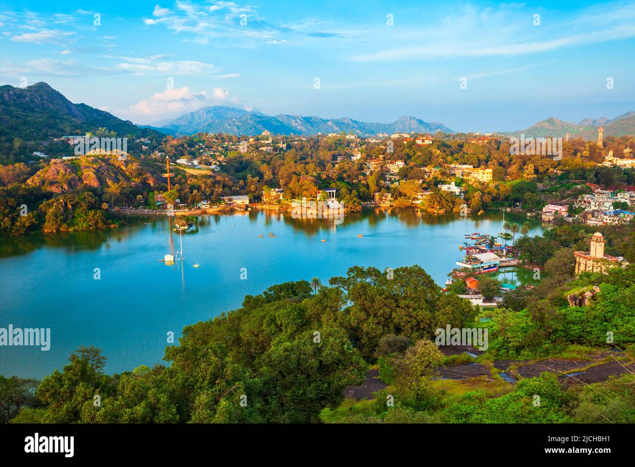 Mount Abu and Nakki lake aerial panoramic view. Mount Abu is a hill station in Rajasthan state, India. Stock Photo