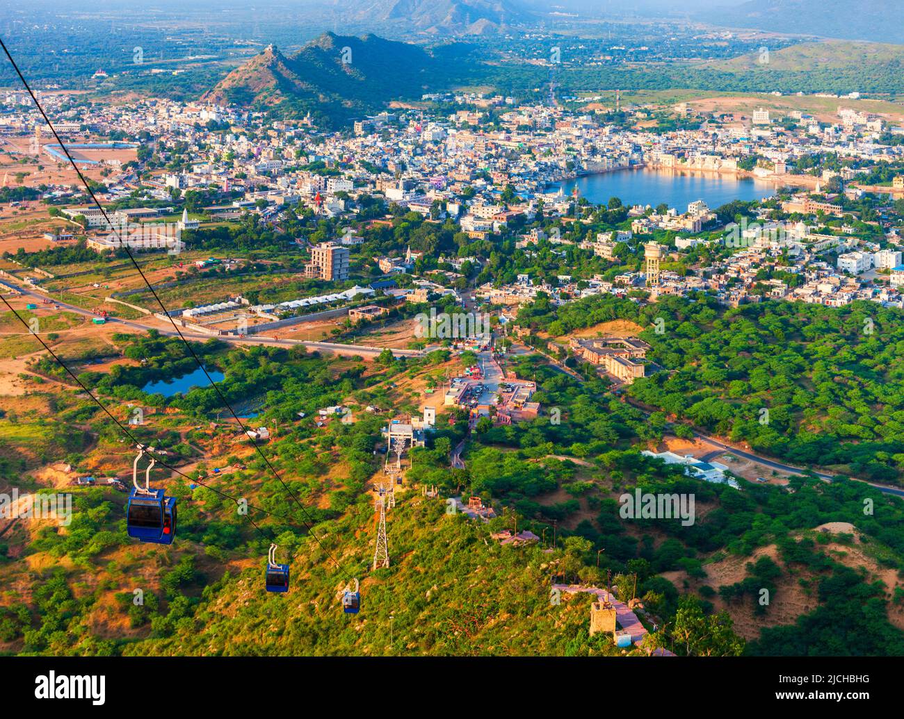 Cable car from Pushkar town to Savitri Mata Temple aerial panoramic ...